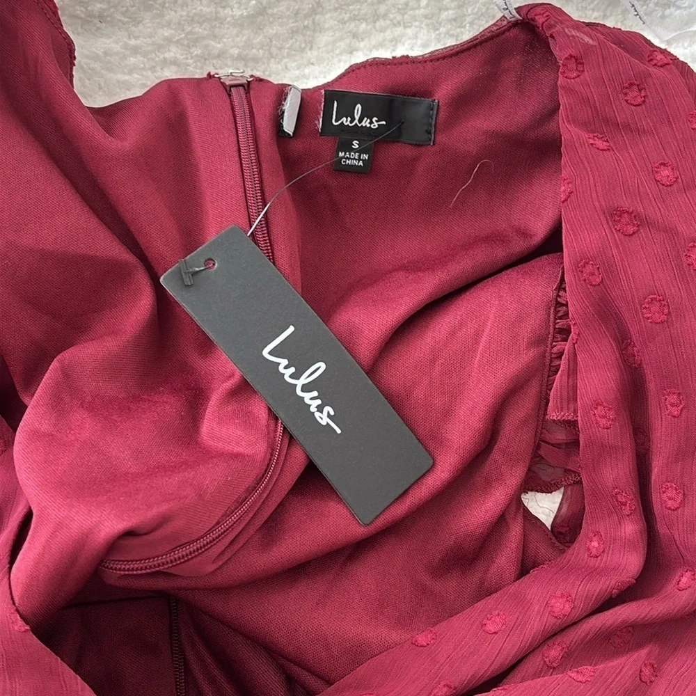 NWT Lulus Have Harmony Maroon Red Swiss Dot Ruffled Faux Wrap Midi Dress